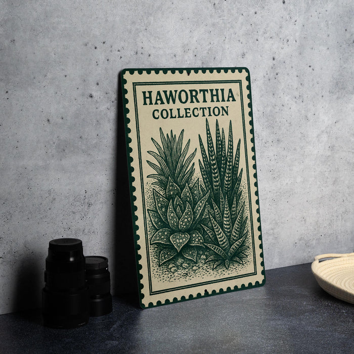 a framed poster with a plant illustration on a wall, along with a stack of black camera lenses and a woven basket.