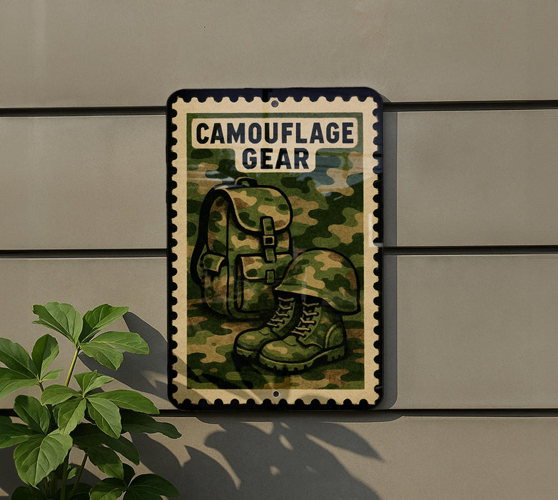 A metal sign with a camouflage pattern and a backpack, mounted on a wall.