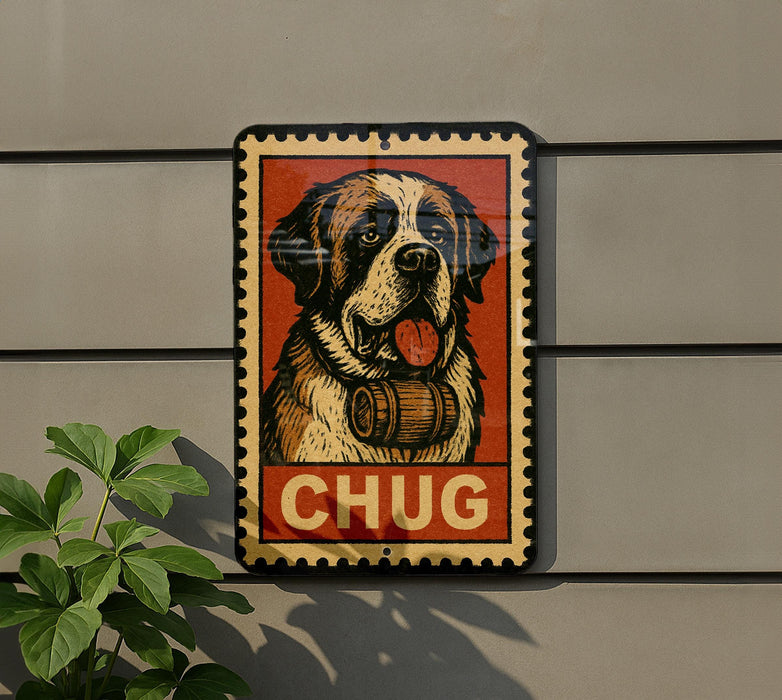 A metal sign with a picture of a dog wearing a barrel around its neck, with the word "CHUG" written below the image.