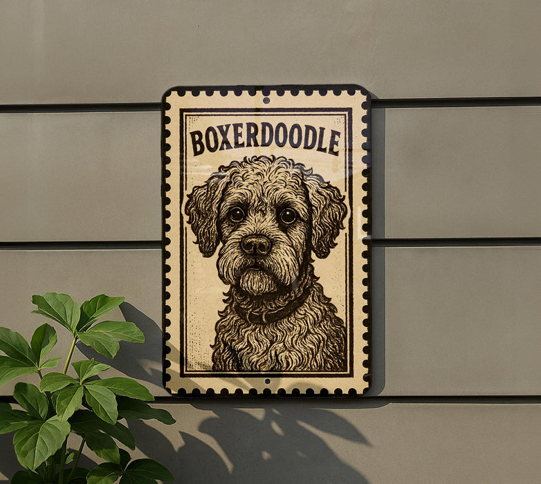 a dog, specifically a Boxeroodle, which is a breed of dog known for its curly and dense coat.