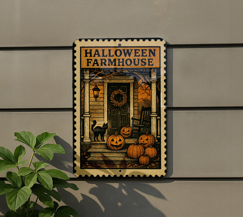 A Halloween-themed sign is displayed on a wall, featuring a porch with pumpkins, a cat, and a wreath.