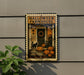 A Halloween-themed sign is displayed on a wall, featuring a porch with pumpkins, a cat, and a wreath.