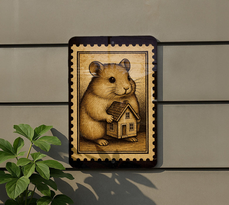 a small house with a mouse standing next to it, and there is a plant to the left of the house.