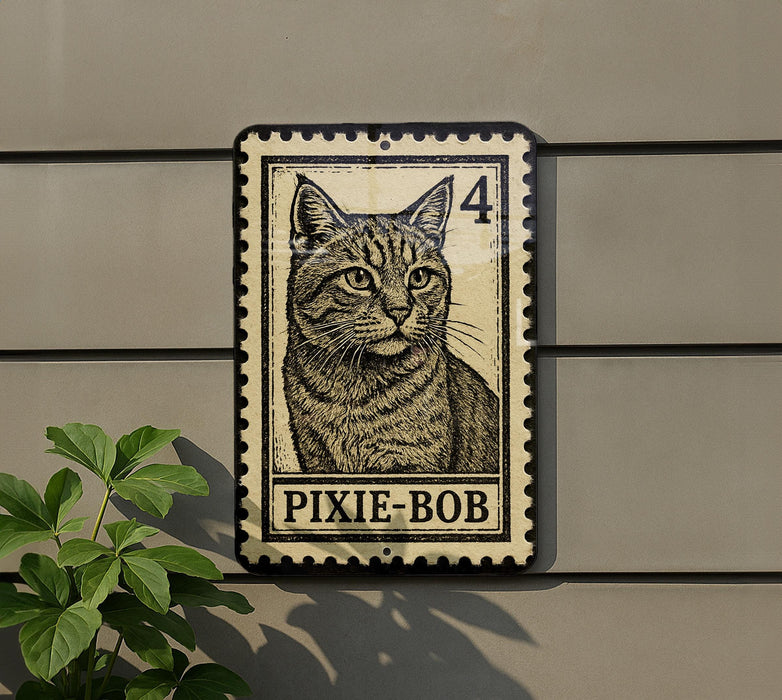 a metal sign with a cat illustration on it, mounted on a wall.