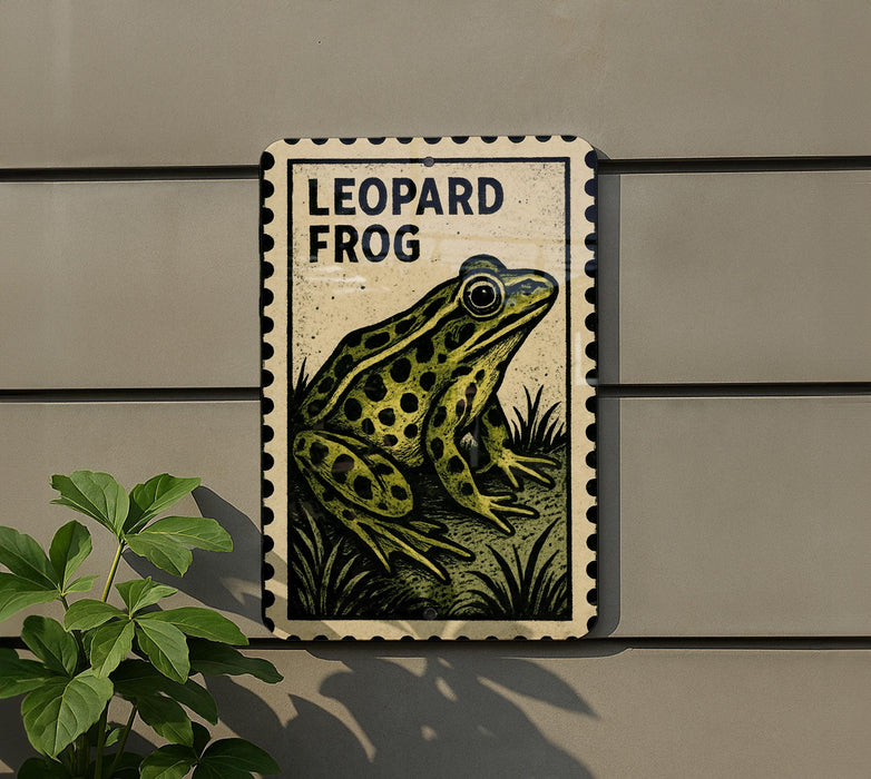 A sign depicting a leopard frog is mounted on a wall, with a plant visible to the left.