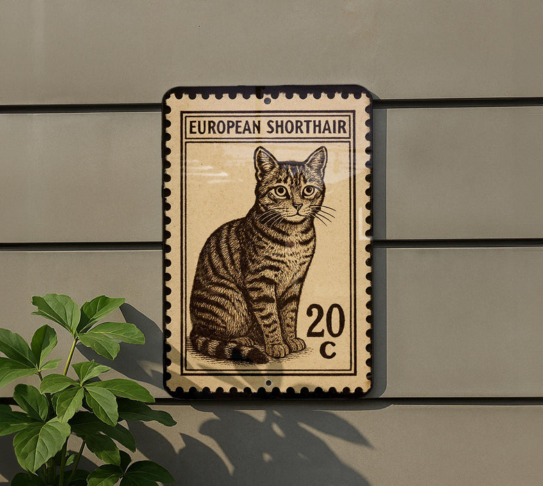 a European Shorthair cat, which is depicted on a postage stamp-like sign mounted on a wall.