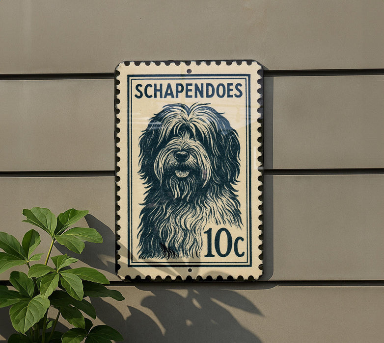 A postage stamp featuring a dog's head is mounted on a wall, with a plant visible to the left.