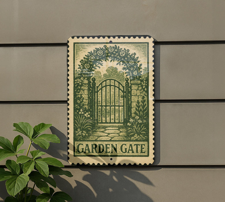 A garden gate sign is mounted on a wall, with a plant visible to the left.