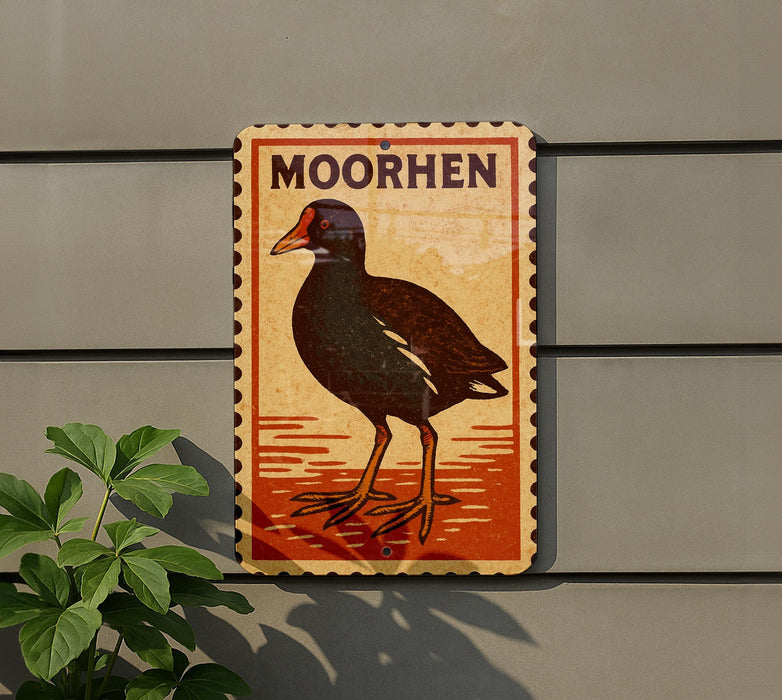 a sign with a bird illustration, mounted on a wall.