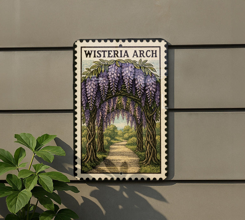 A framed illustration of a wisteria arch is displayed on a wall, with a plant to the left of the frame.