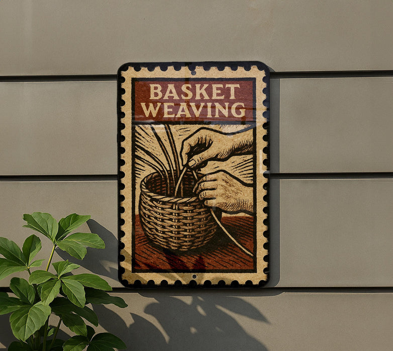 A sign that reads "Basket Weaving" is displayed on a wall, with a hand holding a basket and a plant to the left.