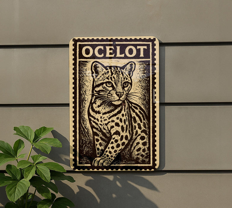 a stamp-like sign with a picture of a cat, mounted on a wall next to a plant.