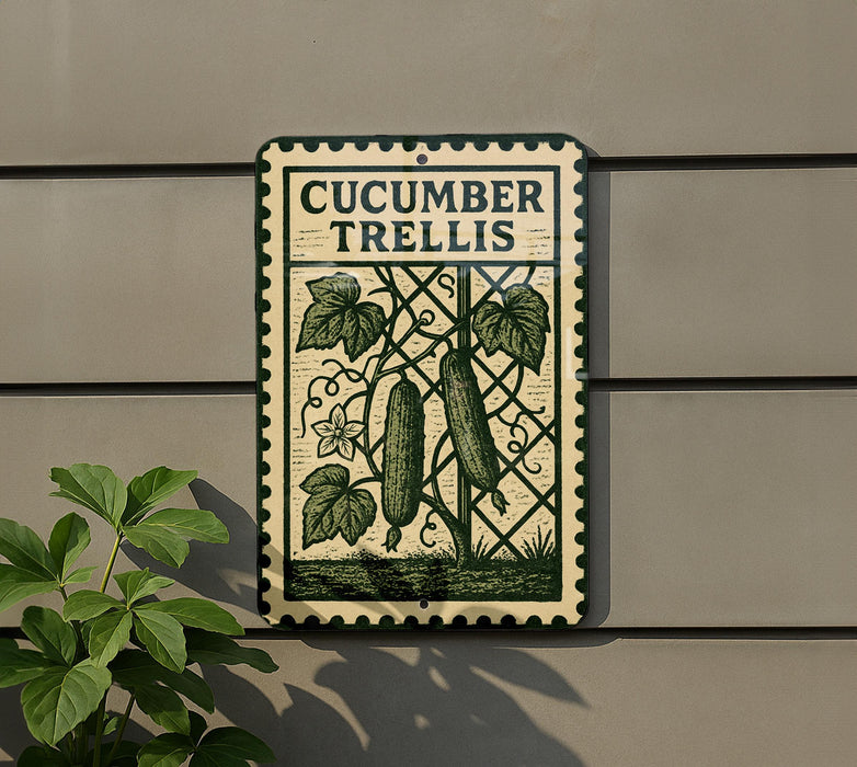 a sign with the text "CUCUMBER TRELLIS" and an illustration of two cucumbers growing on a vine. The sign is mounted on a wall, and there is a plant visible to the left of the sign.