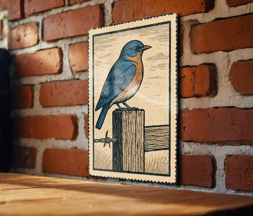 A framed illustration of a bluebird perched on a wooden post is displayed on a brick wall.