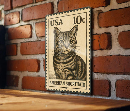 A metal sign featuring a cat illustration is mounted on a brick wall.