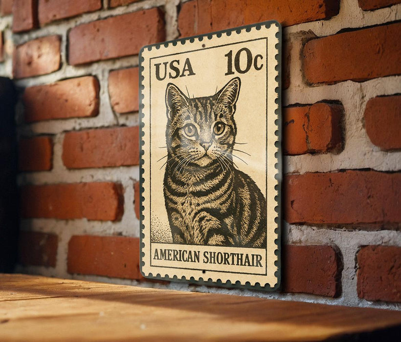 A metal sign featuring a cat illustration is mounted on a brick wall.