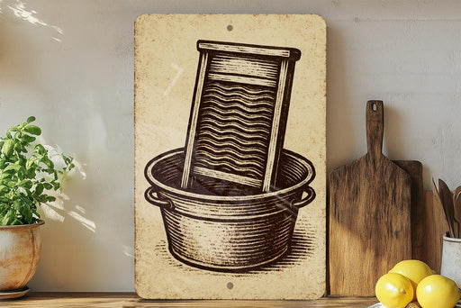 a vintage-style illustration of a washing machine or loom in a metal basin, placed on a wooden surface next to a potted plant and a wooden cutting board.
