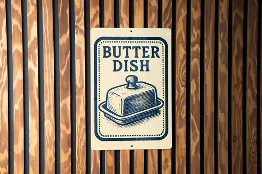 A sign that reads "Butter Dish" is displayed on a wooden wall.