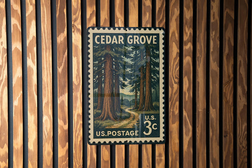 A vintage U.S. postage stamp featuring a forest scene, mounted on a wooden wall.