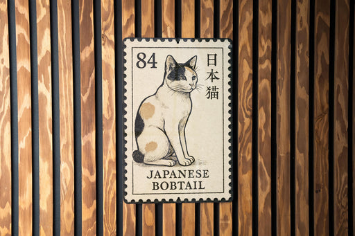 A Japanese bobtail cat is depicted on a postage stamp, which is affixed to a wooden wall.