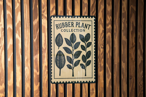 A sign for a rubber plant collection is displayed on a wooden wall.
