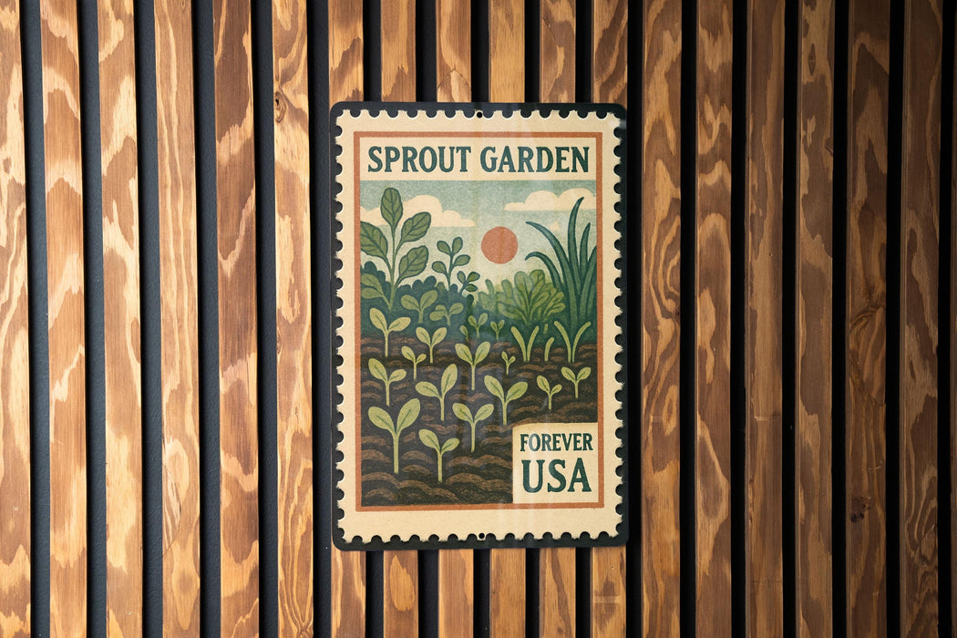 A vintage-style stamp or postcard with a garden scene, featuring plants and a sun, is displayed on a wooden wall.