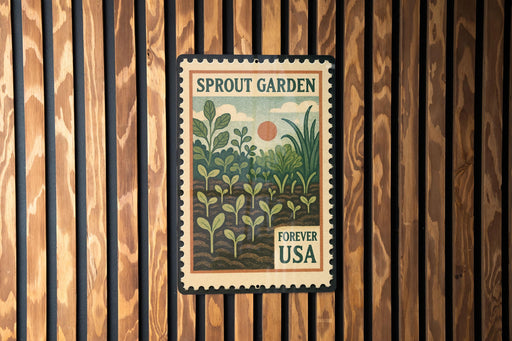 A vintage-style stamp or postcard with a garden scene, featuring plants and a sun, is displayed on a wooden wall.