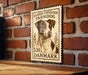 A wooden sign with a dog image and text, mounted on a brick wall.