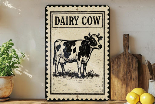 a decorative sign with a cow illustration, placed on a wooden surface next to a wooden cutting board and some lemons.