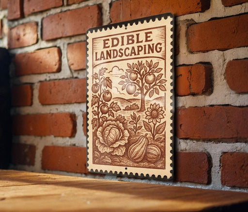 a wooden table with a decorative metal sign hanging on a brick wall. The sign is an illustration of a garden scene with various plants and fruits, including a tree, flowers, and squash.