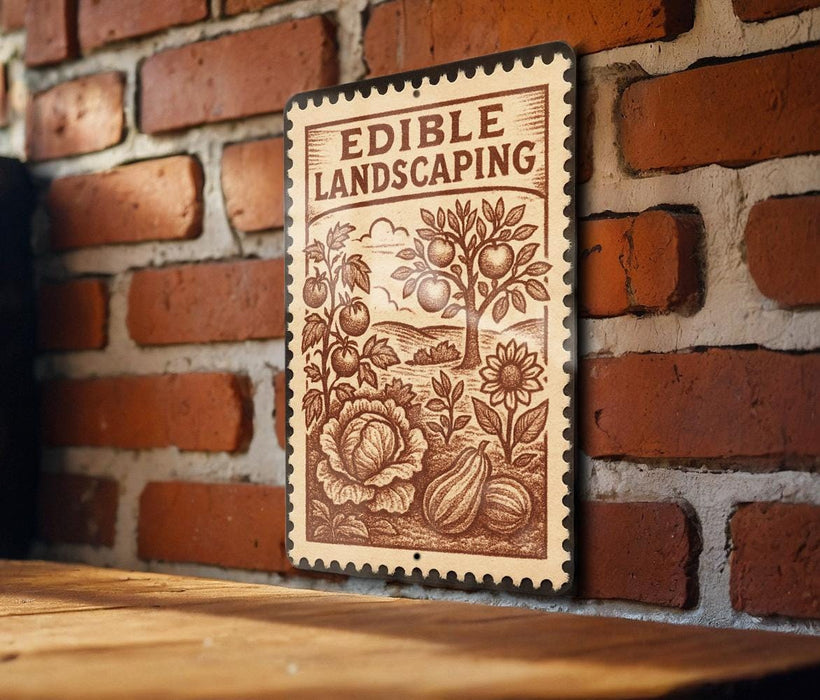 a wooden table with a decorative metal sign hanging on a brick wall. The sign is an illustration of a garden scene with various plants and fruits, including a tree, flowers, and squash.