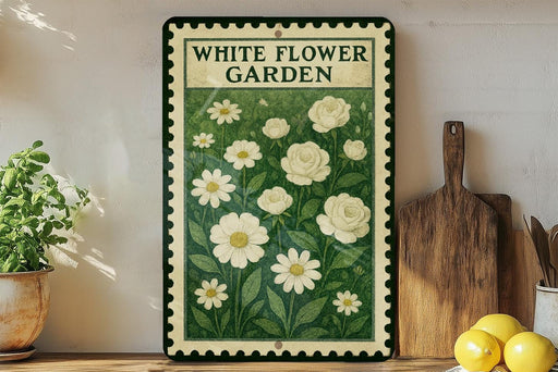 A vintage-style metal sign with a floral design, featuring white flowers and green leaves, is displayed on a shelf next to a wooden cutting board and a potted plant.
