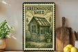 A vintage-style metal sign with a drawing of a greenhouse, placed on a wooden shelf next to a wooden cutting board and a potted plant.