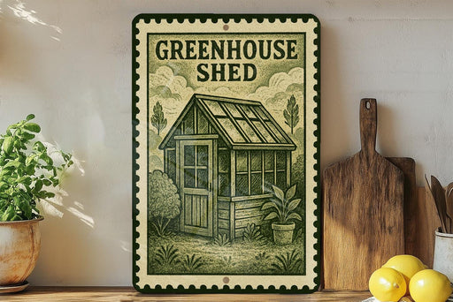 A vintage-style metal sign with a drawing of a greenhouse, placed on a wooden shelf next to a wooden cutting board and a potted plant.