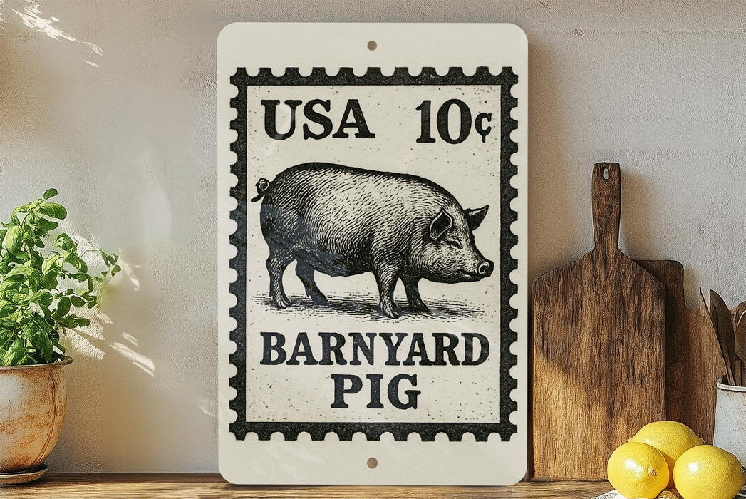 A sign with a pig illustration and text, mounted on a wall next to a wooden cutting board and some kitchen utensils.