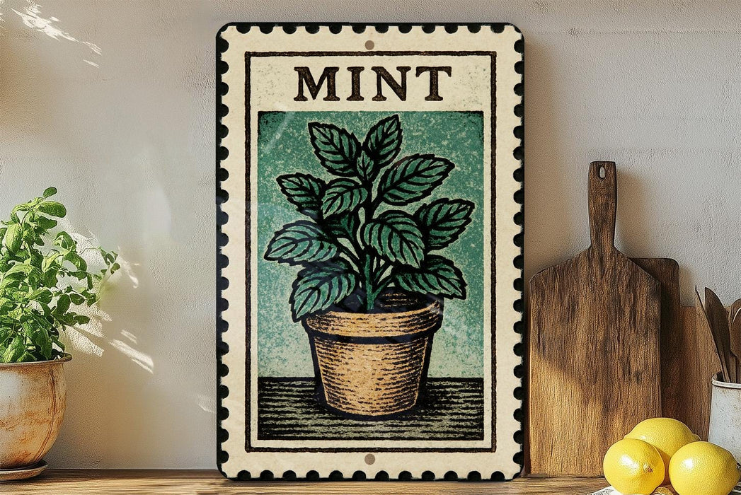 A framed illustration of a potted mint plant is displayed on a shelf, accompanied by a wooden cutting board and a bunch of lemons.