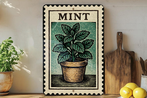 A framed illustration of a potted mint plant is displayed on a shelf, accompanied by a wooden cutting board and a bunch of lemons.