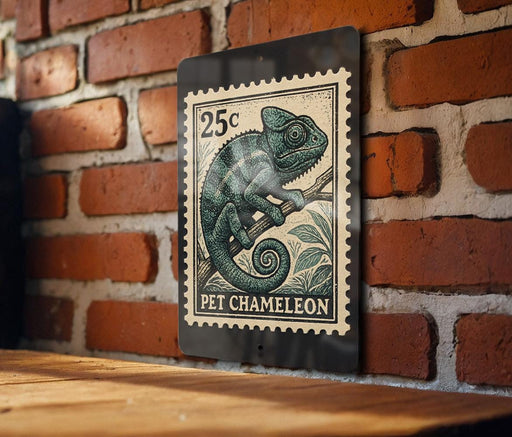 A 25c postage stamp featuring a chameleon is displayed on a brick wall.