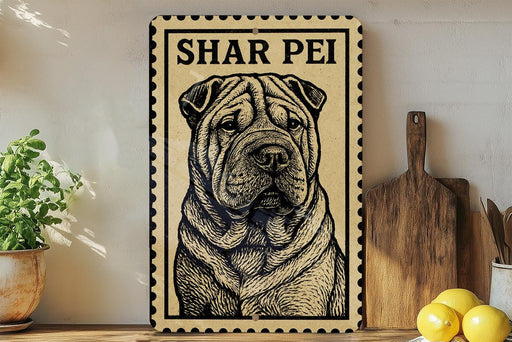 a framed illustration of a Shar Pei dog, a breed of dog known for its distinctive wrinkled face and large ears.