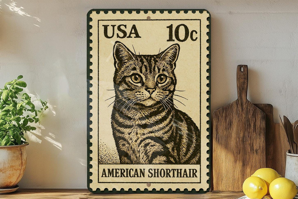 A vintage American Shorthair cat stamp is displayed on a shelf, surrounded by kitchen utensils and a potted plant.