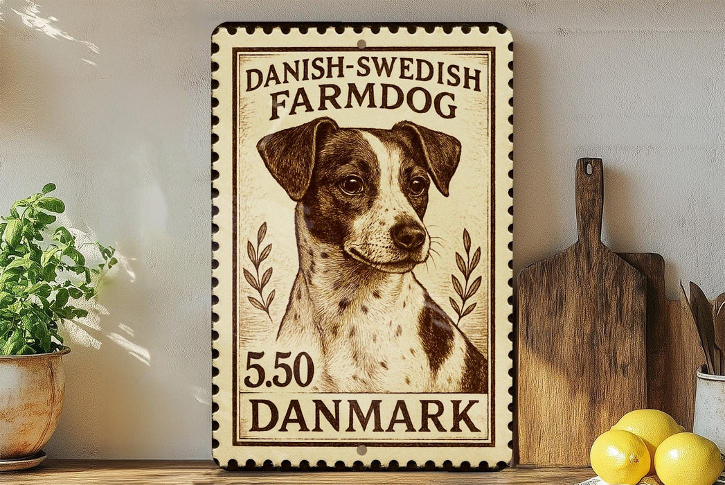 A wooden shelf displaying a framed image of a Danish-Swedish Farmdog, a breed of dog known for its distinctive appearance.