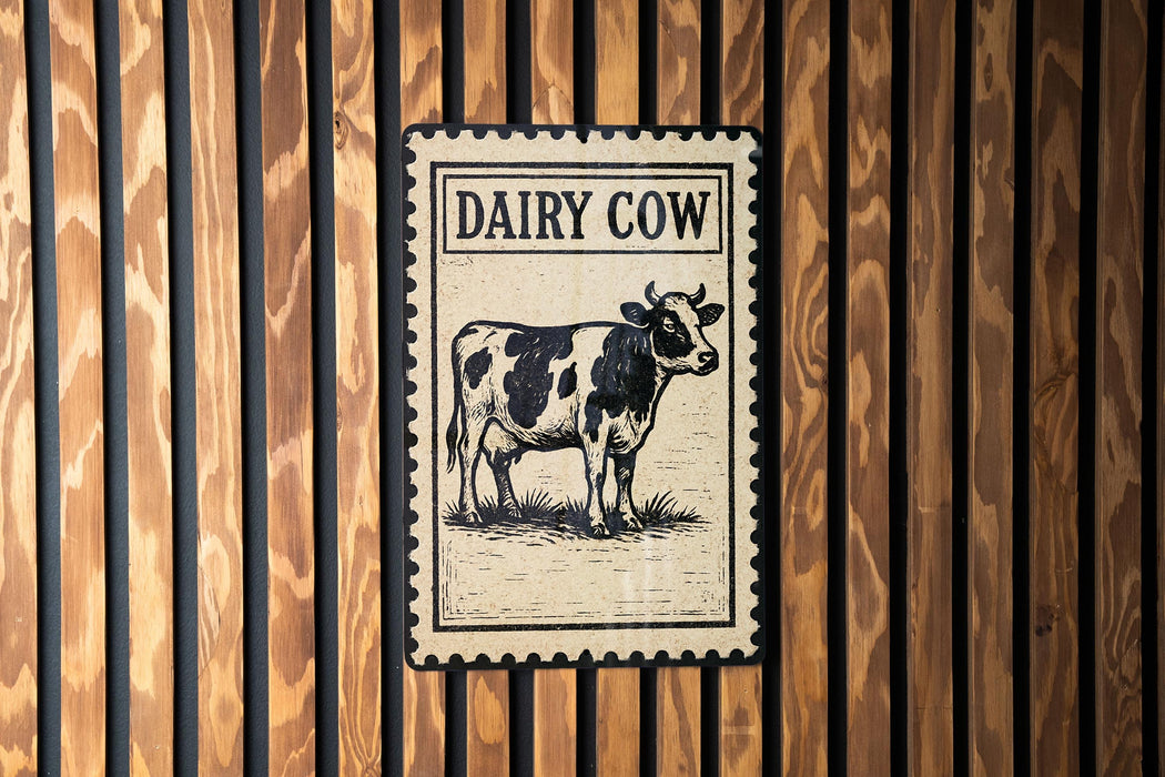 a metal sign with a cow illustration, mounted on a wooden wall.