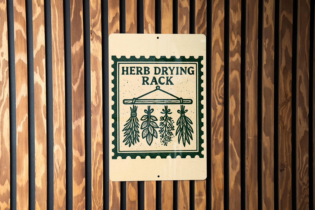 A sign that reads "Herb Drying Rack" is mounted on a wooden wall.