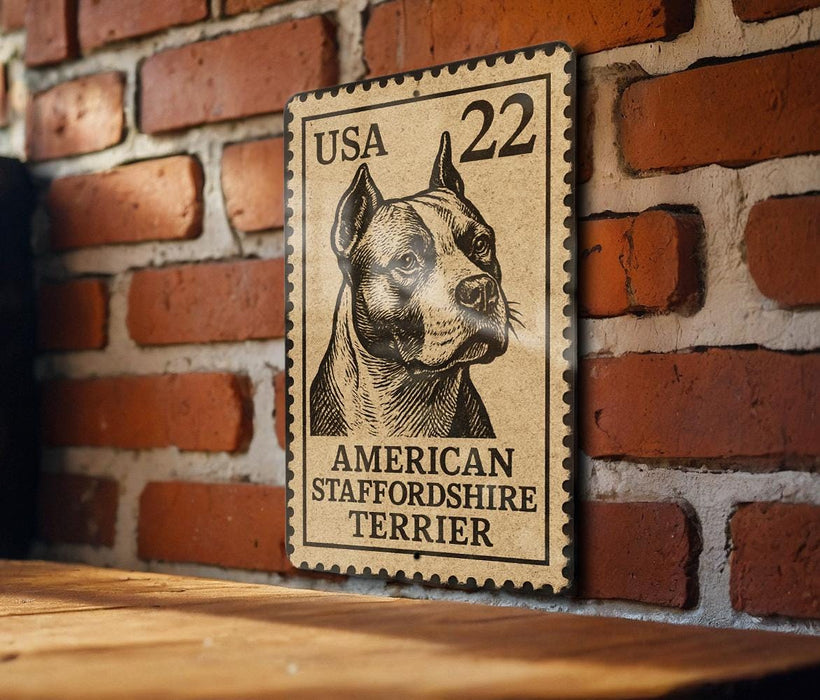 A wooden table with a brick wall in the background, featuring a vintage-style American Staffordshire Terrier dog stamp on the wall.