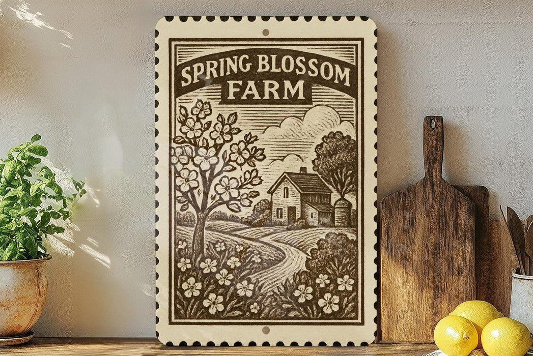a decorative sign for Spring Blossom Farm, with a tree and a house depicted in a vintage style. The sign is placed on a wooden surface, surrounded by various kitchen utensils and a potted plant.