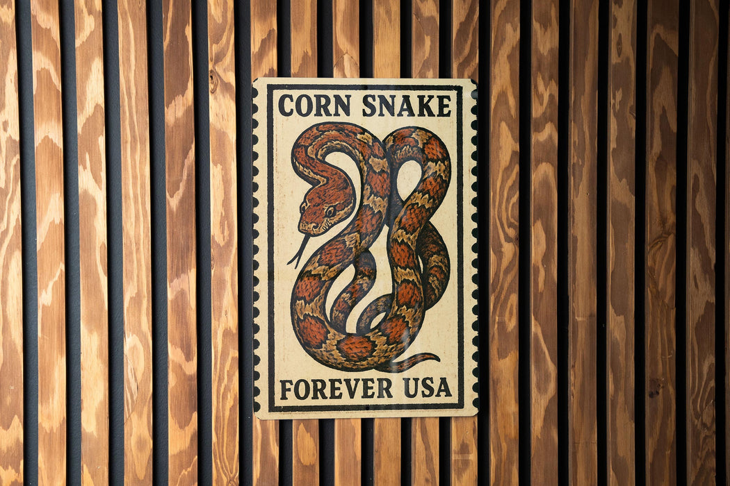 a sign with a large, colorful snake on it, mounted on a wooden wall.