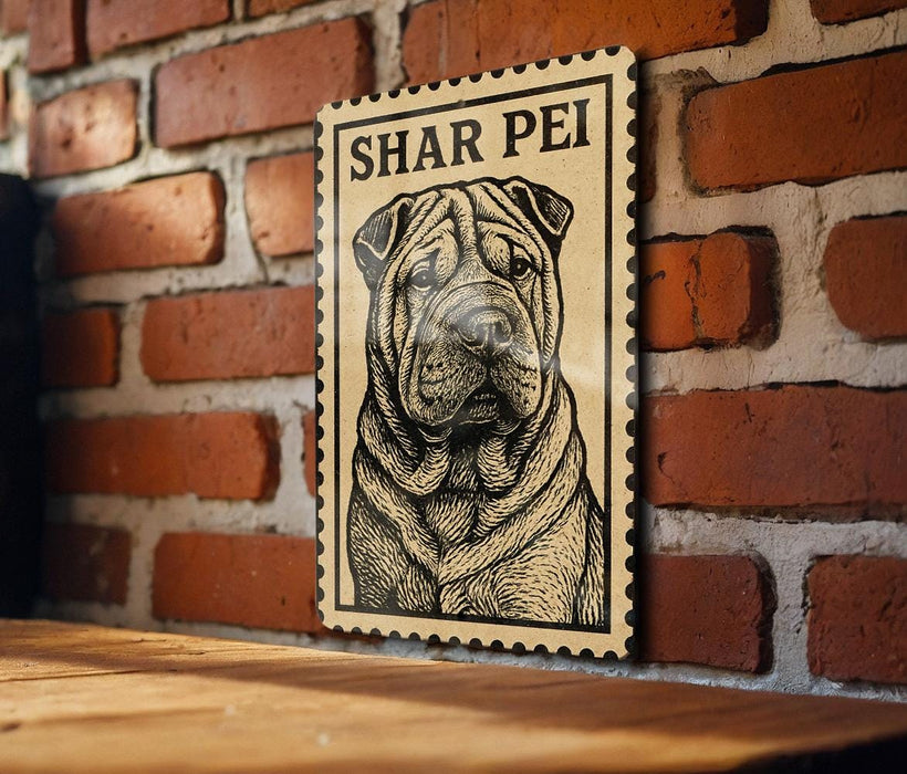 A wooden table with a framed image of a Shar Pei dog on it, mounted on a brick wall.