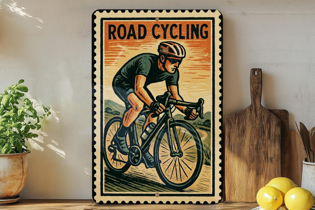 a vintage-style road cycling poster with a cyclist riding a bicycle, displayed on a wall next to a wooden cutting board and some lemons.