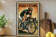 a vintage-style road cycling poster with a cyclist riding a bicycle, displayed on a wall next to a wooden cutting board and some lemons.