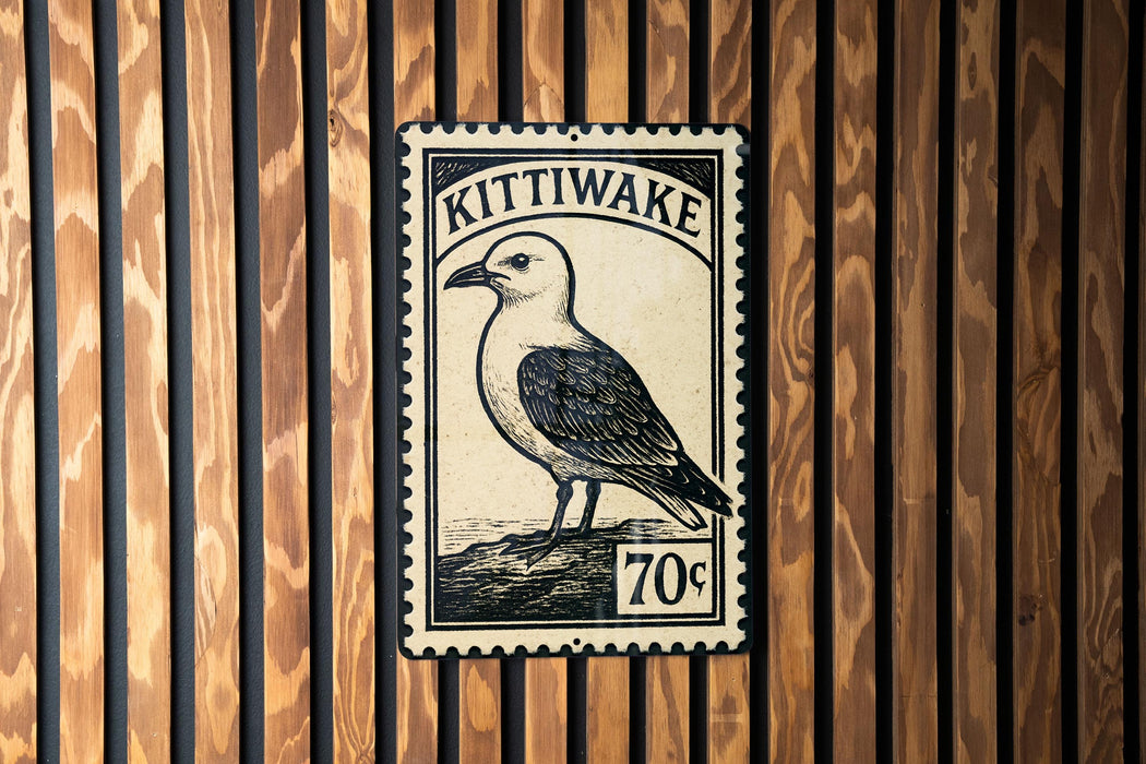 A metal postage stamp featuring a bird, likely a seagull, is displayed on a wooden wall.